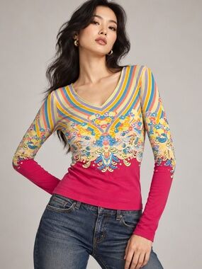 Shanghai Tang Multicolor Floral Stripe V Neck Long Sleeve Top Size M